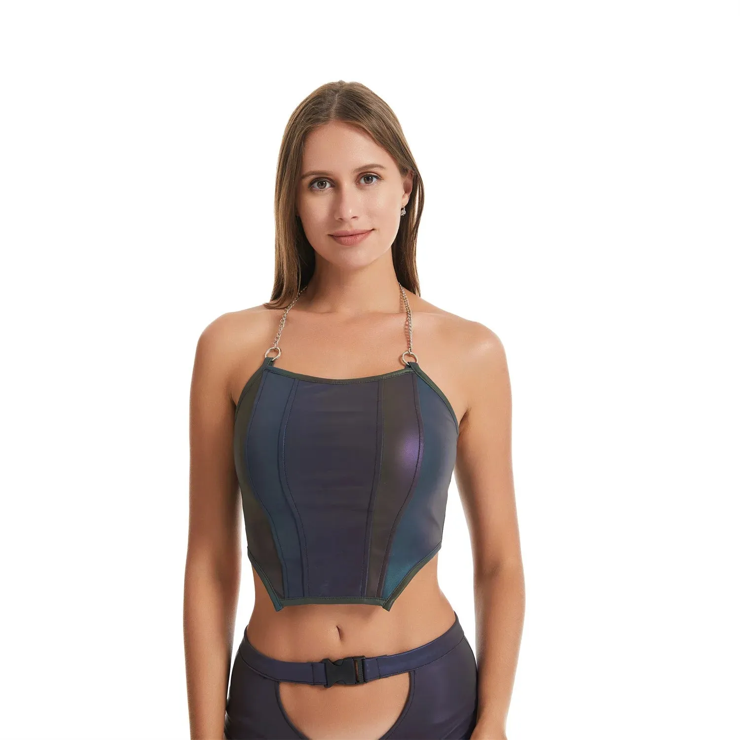 Reflective Crop Top - Women Bodycon Chain Halter Tank Sexy Colourful Summer Short Clubwear