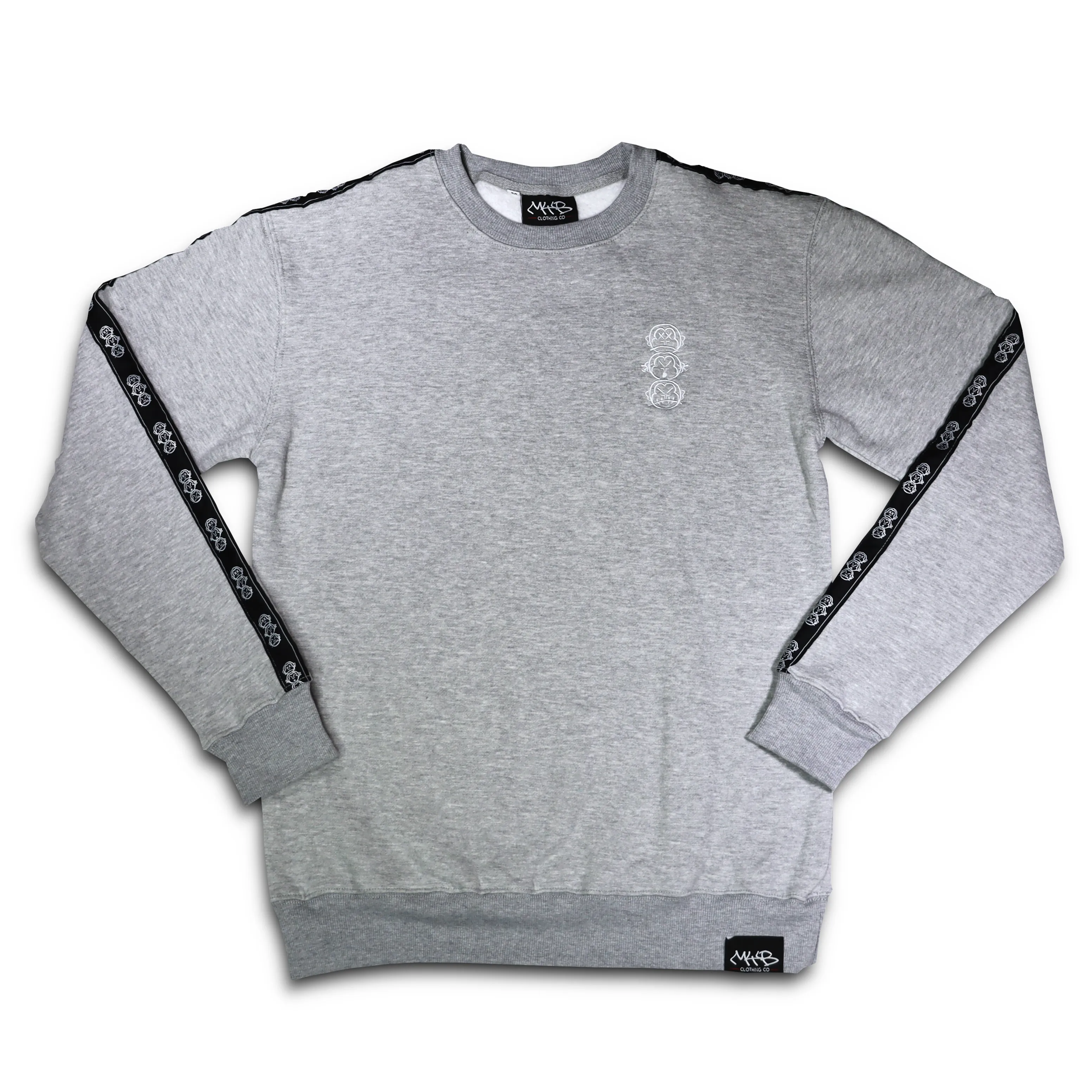Repeat Logo Tape Heather Grey Fleece Crew Neck with 'Three Wise Monkeys' Embroidery