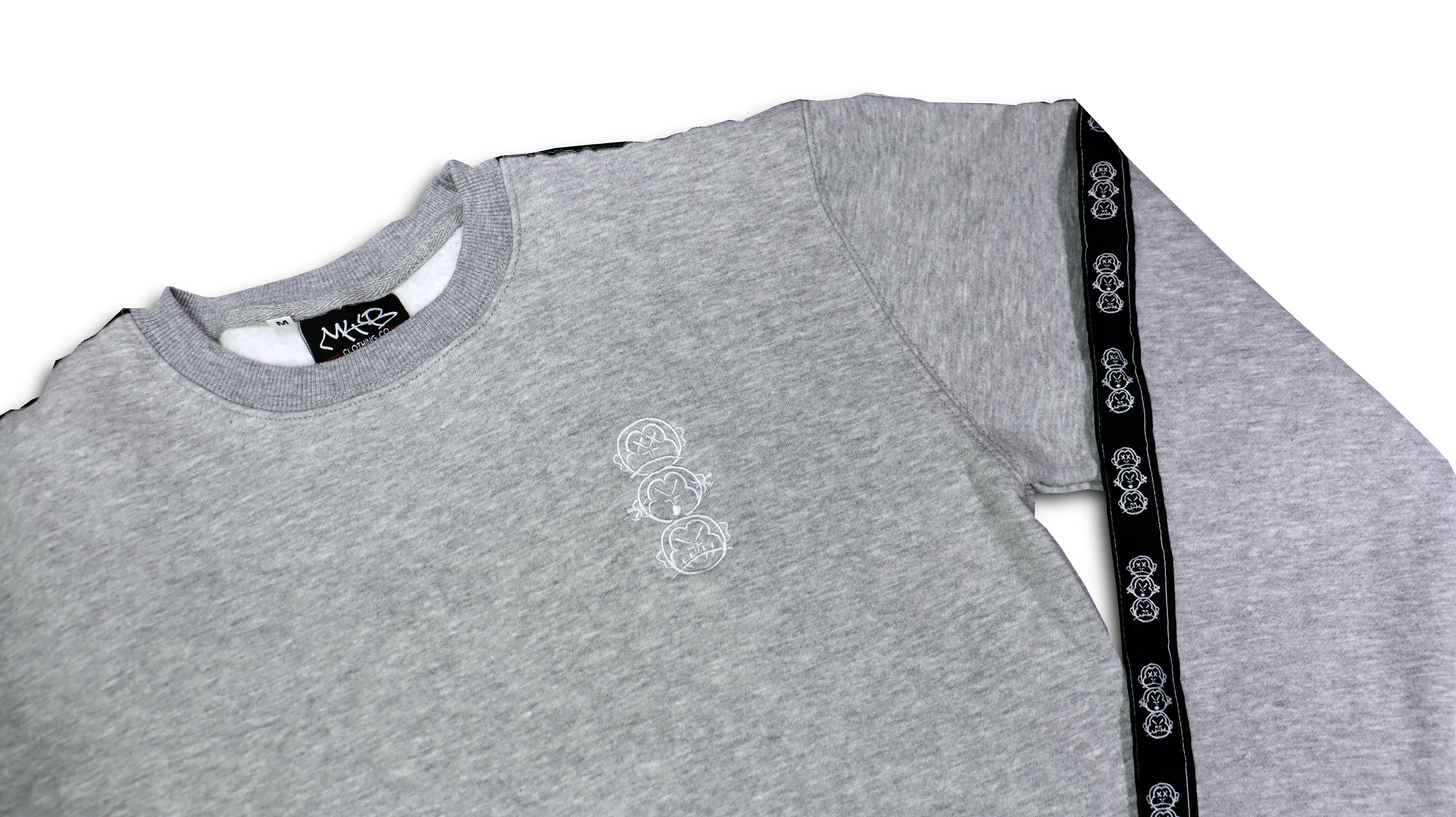 Repeat Logo Tape Heather Grey Fleece Crew Neck with 'Three Wise Monkeys' Embroidery