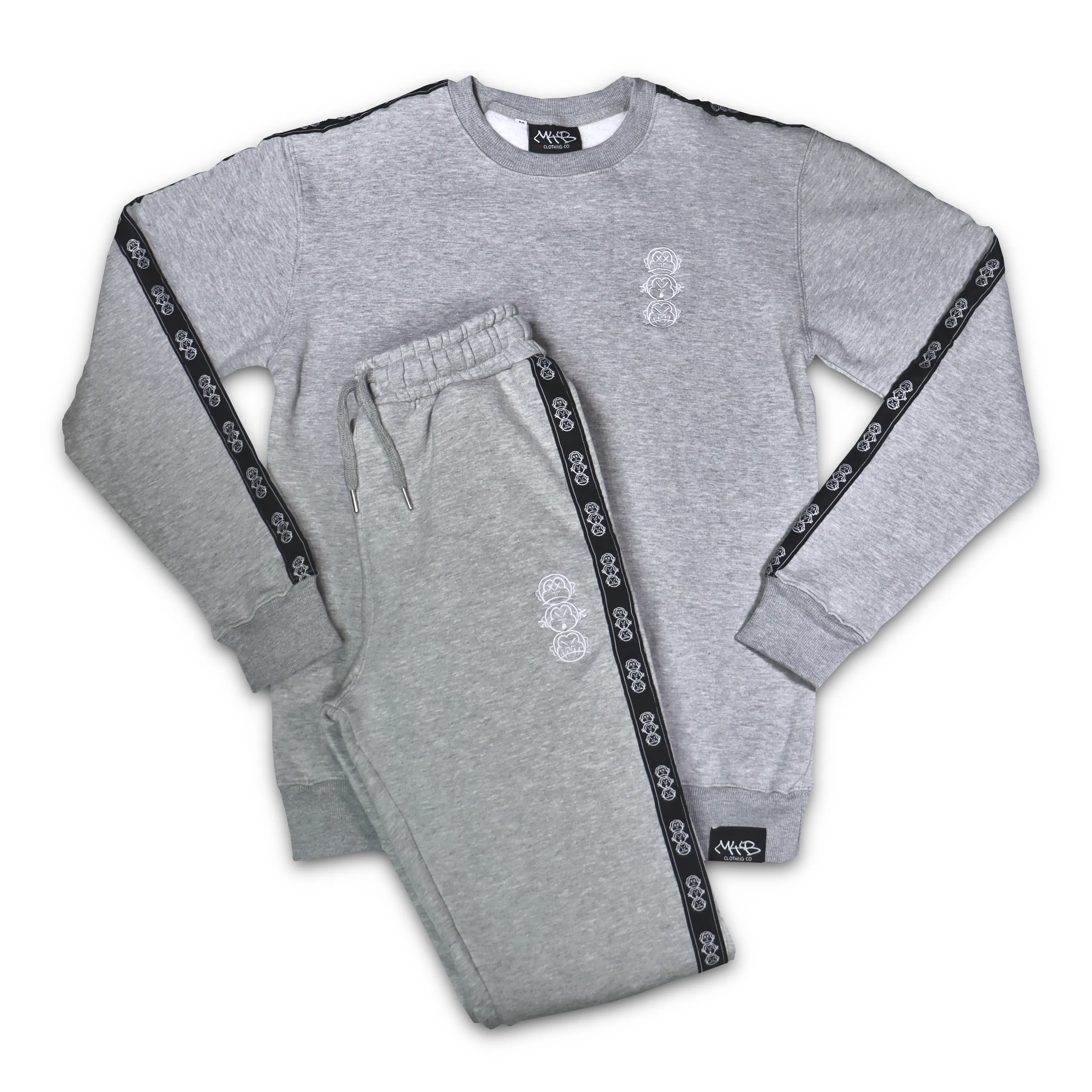 Repeat Logo Tape Heather Grey Fleece Joggers with 'Three Wise Monkeys' Embroidery