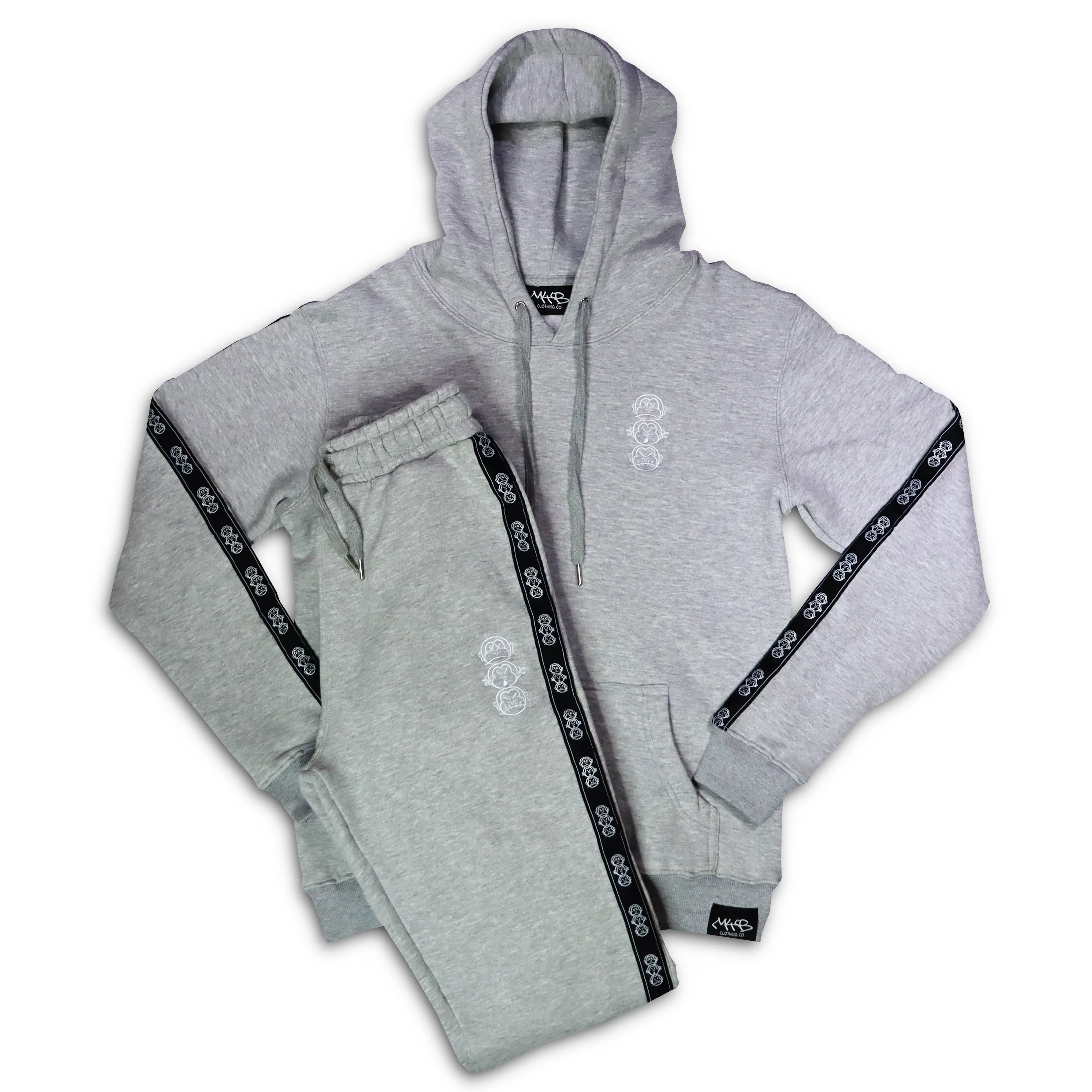 Repeat Logo Tape Heather Grey Fleece Joggers with 'Three Wise Monkeys' Embroidery