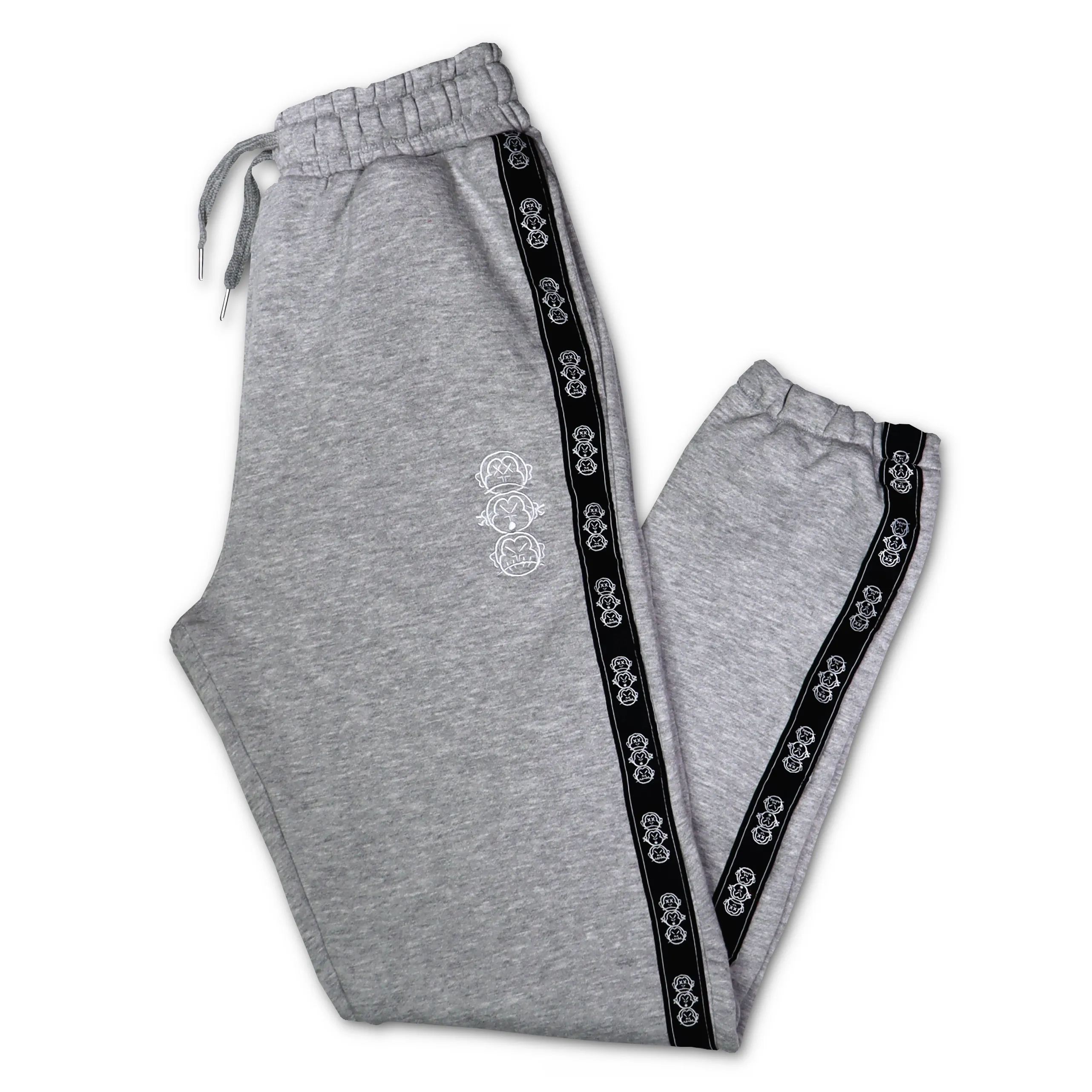 Repeat Logo Tape Heather Grey Fleece Joggers with 'Three Wise Monkeys' Embroidery