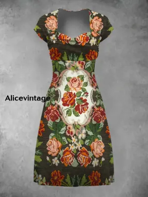 Retro  Art Print Elegant Chic Short-Sleeved Temperament Dress