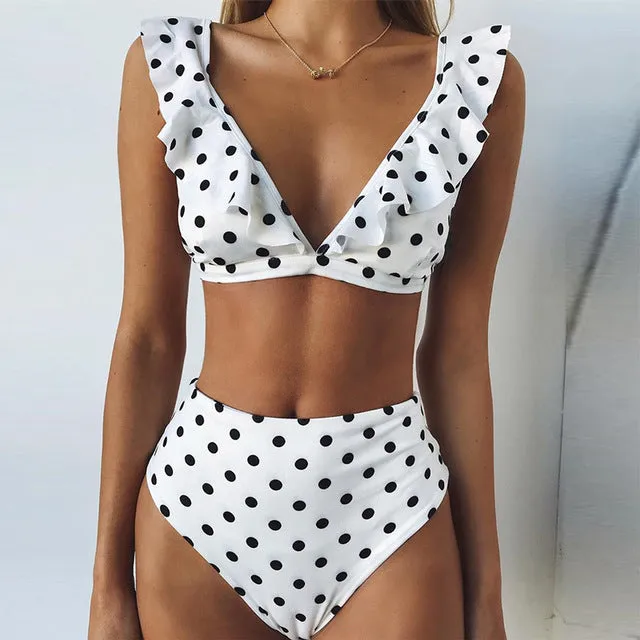 Retro Polka Dots and Ruffles High Waist Bikini