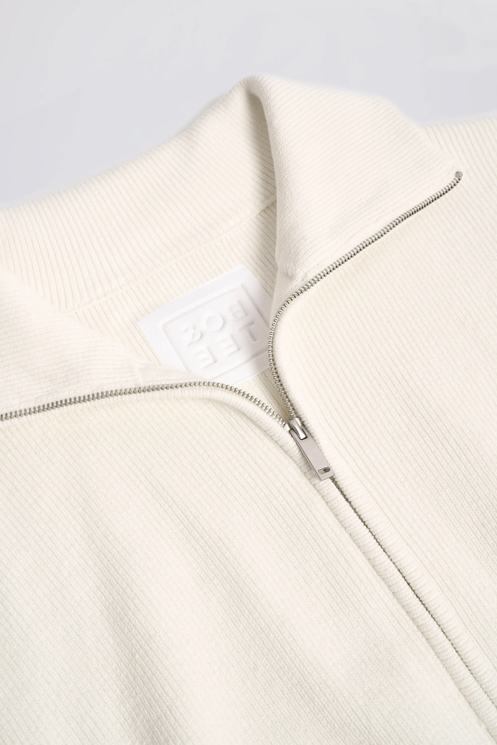 Ribbed-Knit Cropped Zip-Up Sweatshirt in Ivory