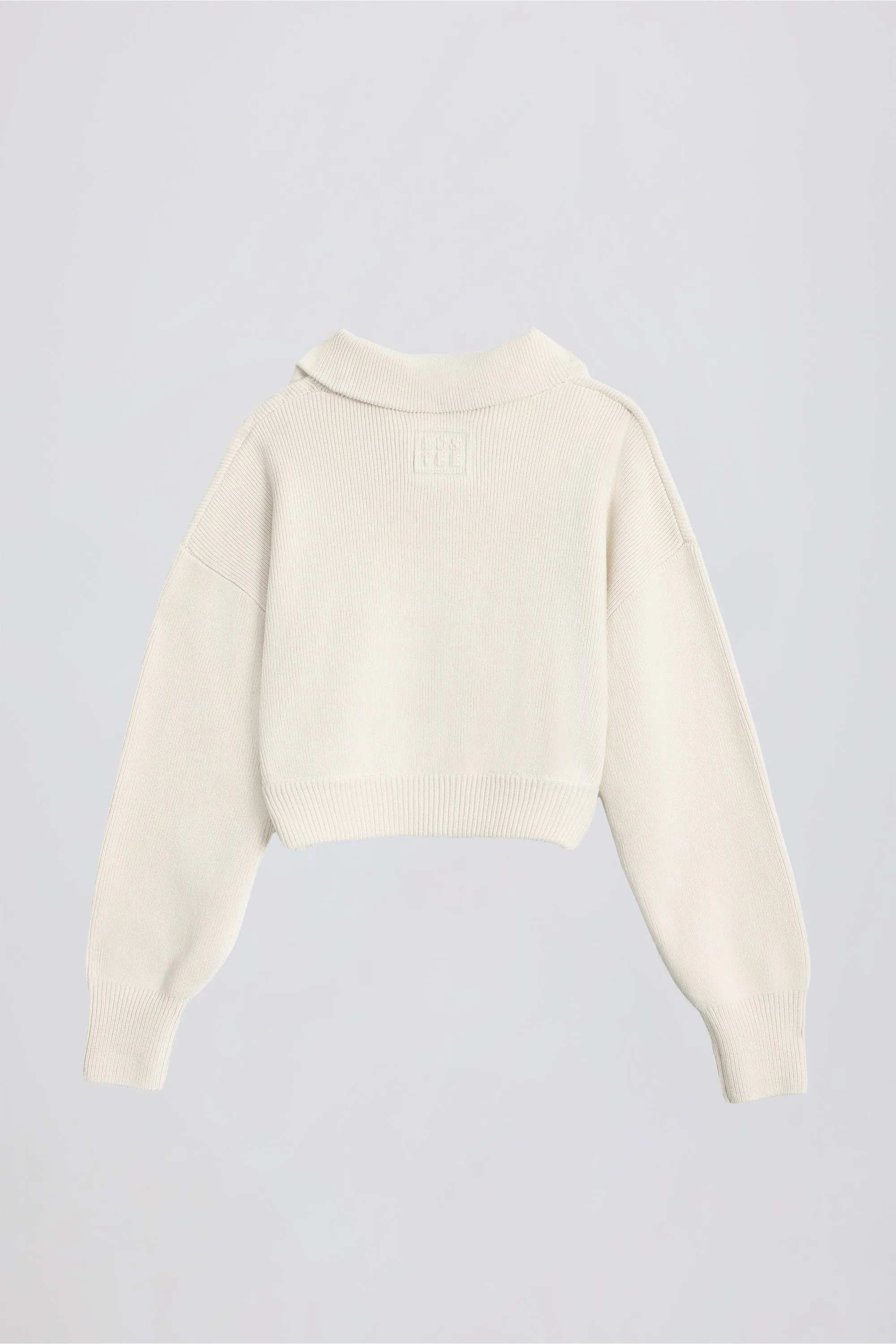 Ribbed-Knit Cropped Zip-Up Sweatshirt in Ivory