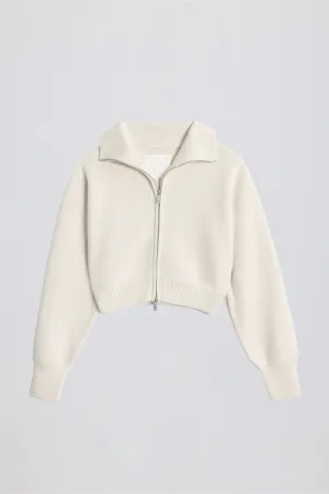 Ribbed-Knit Cropped Zip-Up Sweatshirt in Ivory