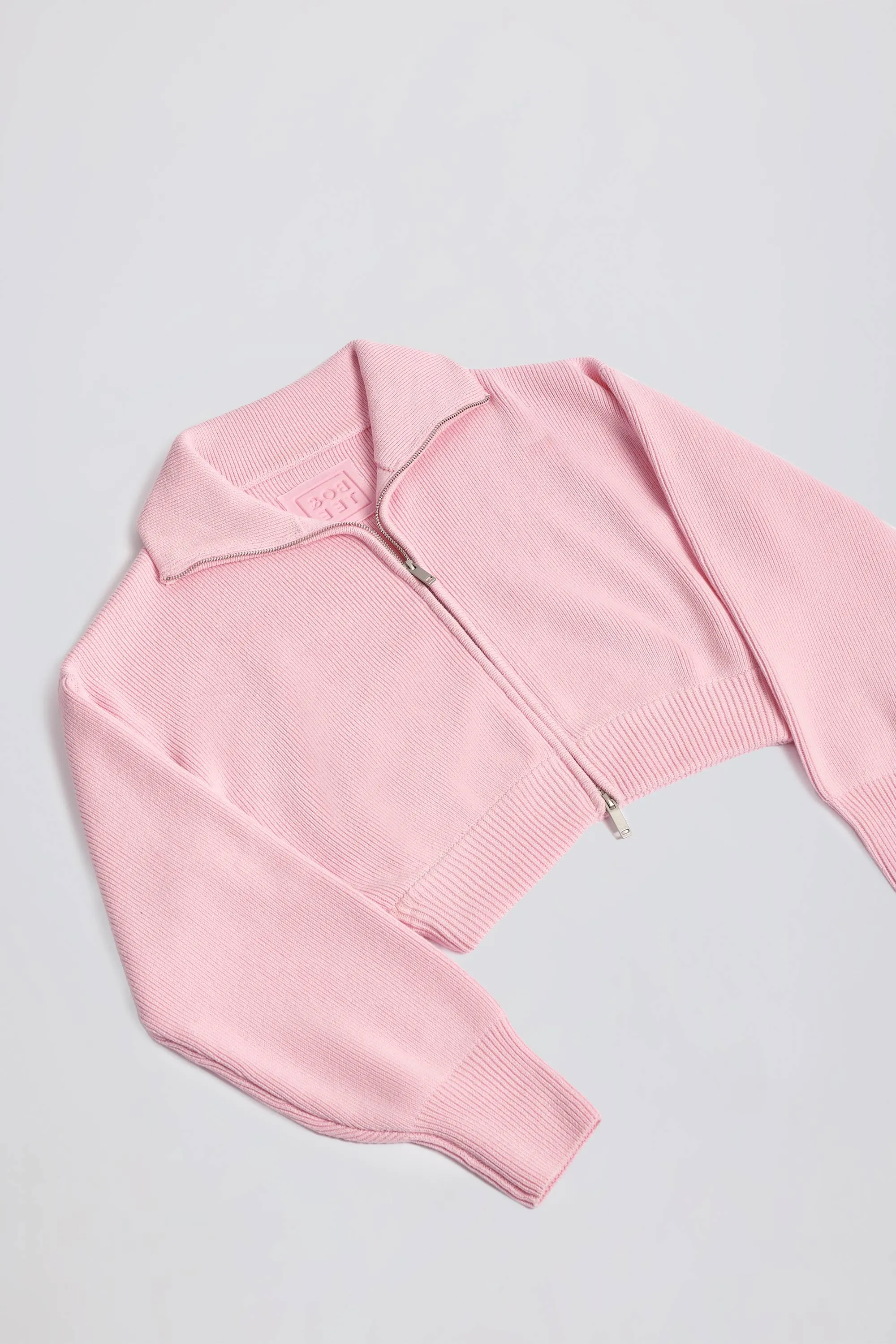Ribbed-Knit Cropped Zip-Up Sweatshirt in Pale Pink
