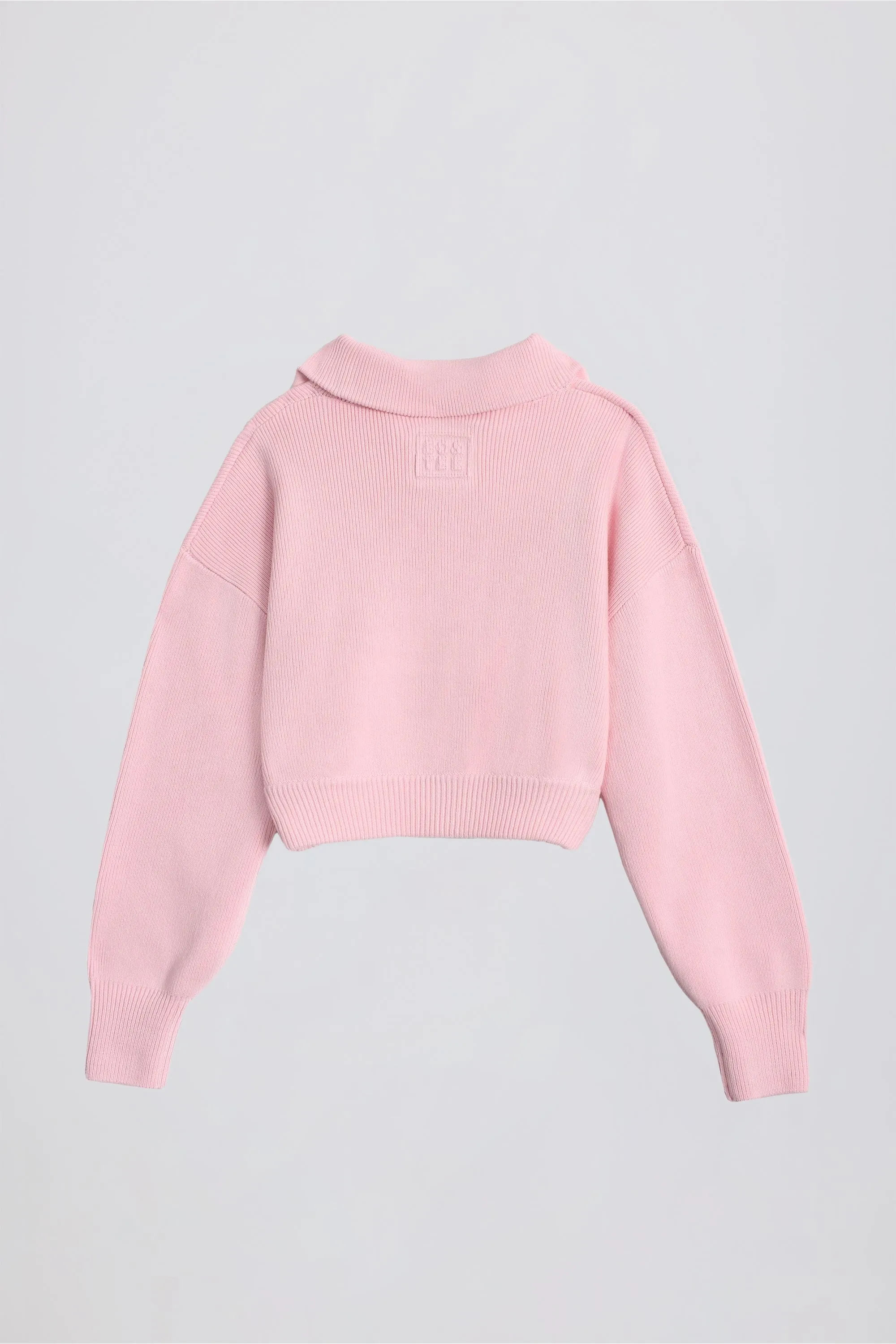 Ribbed-Knit Cropped Zip-Up Sweatshirt in Pale Pink
