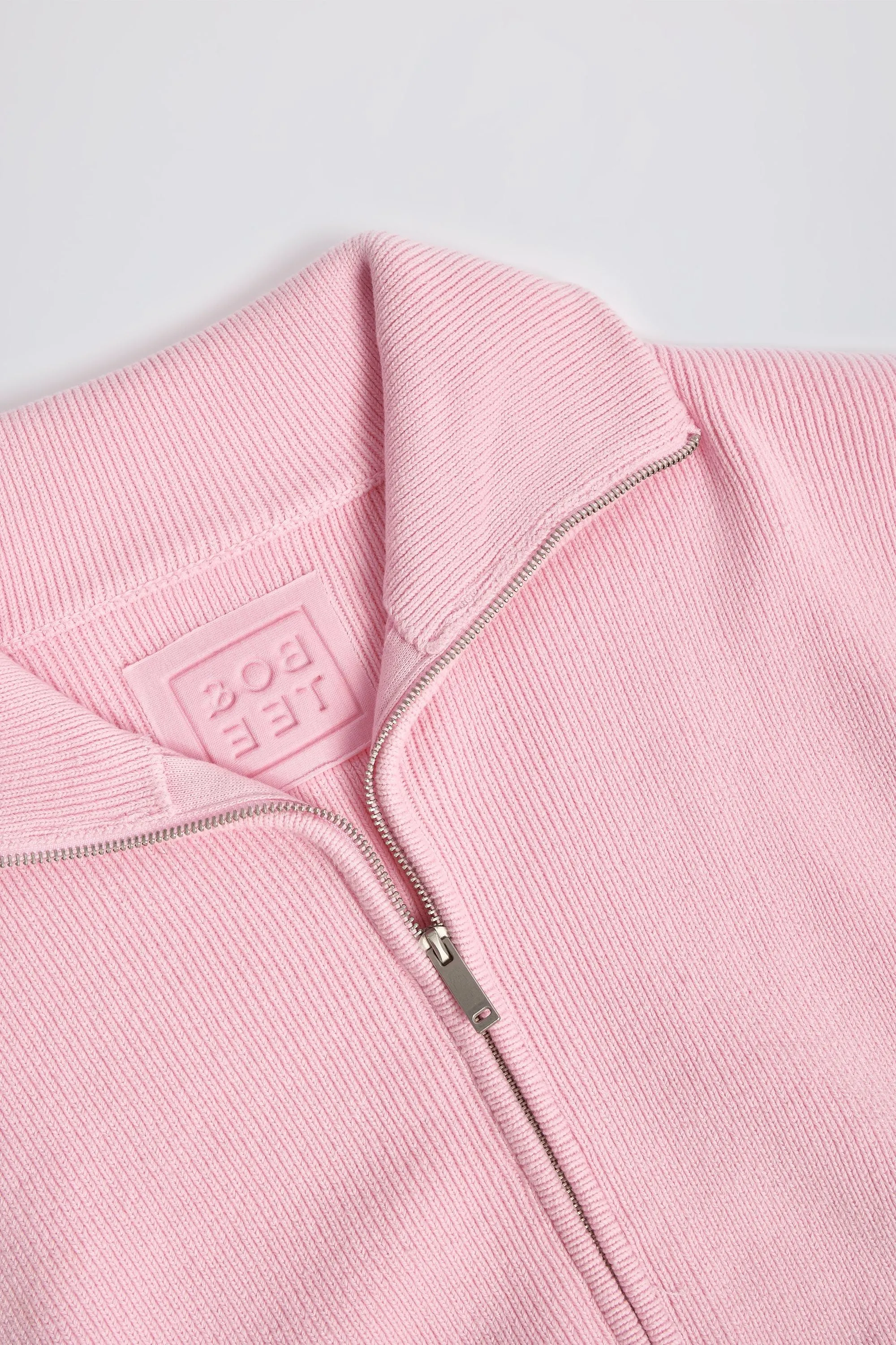 Ribbed-Knit Cropped Zip-Up Sweatshirt in Pale Pink