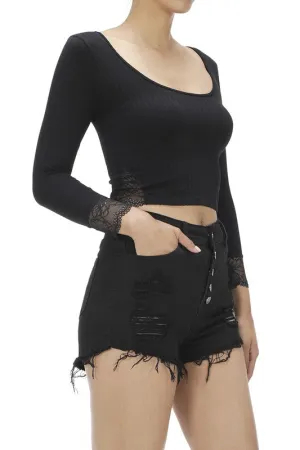 Ribbed Lace Panel Sleeve And Side Long Sleeve Crop Top
