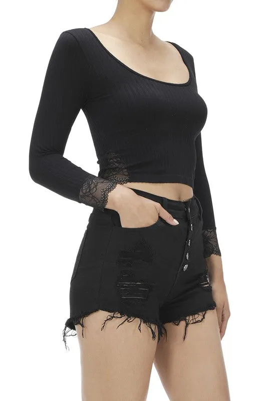 Ribbed Lace Panel Sleeve And Side Long Sleeve Crop Top