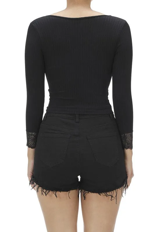Ribbed Lace Panel Sleeve And Side Long Sleeve Crop Top