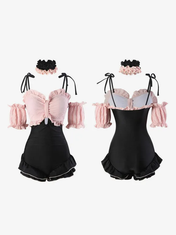 ROCOCO Style Lolita Swimsuits Black Lace Up Ruffles Color Block Sleeveless Jumpsuit