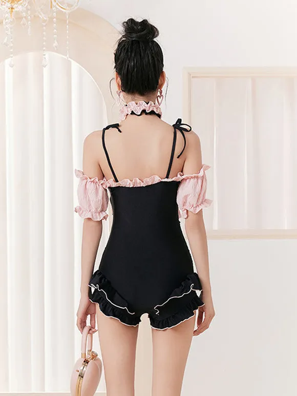 ROCOCO Style Lolita Swimsuits Black Lace Up Ruffles Color Block Sleeveless Jumpsuit