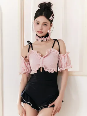 ROCOCO Style Lolita Swimsuits Black Lace Up Ruffles Color Block Sleeveless Jumpsuit