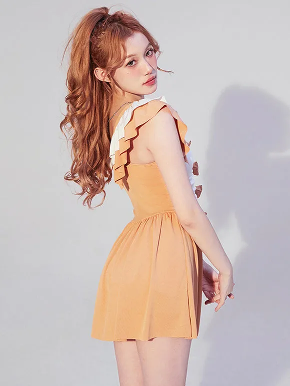 ROCOCO Style Lolita Swimsuits Orange Bows Ruffles Color Block Sleeveless Jumpsuit