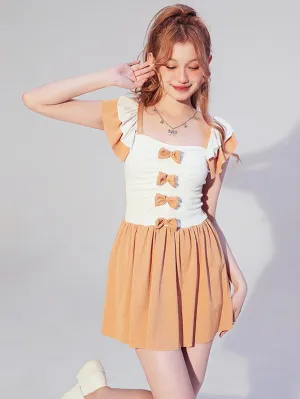 ROCOCO Style Lolita Swimsuits Orange Bows Ruffles Color Block Sleeveless Jumpsuit
