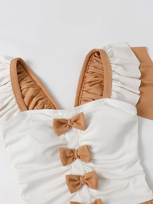 ROCOCO Style Lolita Swimsuits Orange Bows Ruffles Color Block Sleeveless Jumpsuit