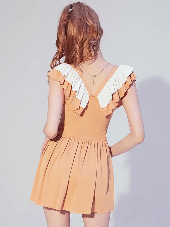 ROCOCO Style Lolita Swimsuits Orange Bows Ruffles Color Block Sleeveless Jumpsuit