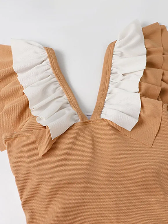 ROCOCO Style Lolita Swimsuits Orange Bows Ruffles Color Block Sleeveless Jumpsuit