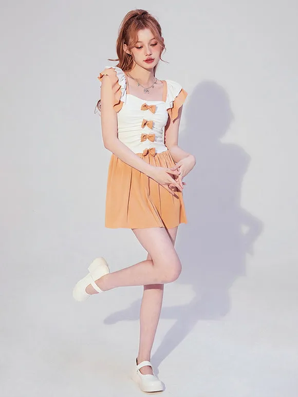 ROCOCO Style Lolita Swimsuits Orange Bows Ruffles Color Block Sleeveless Jumpsuit