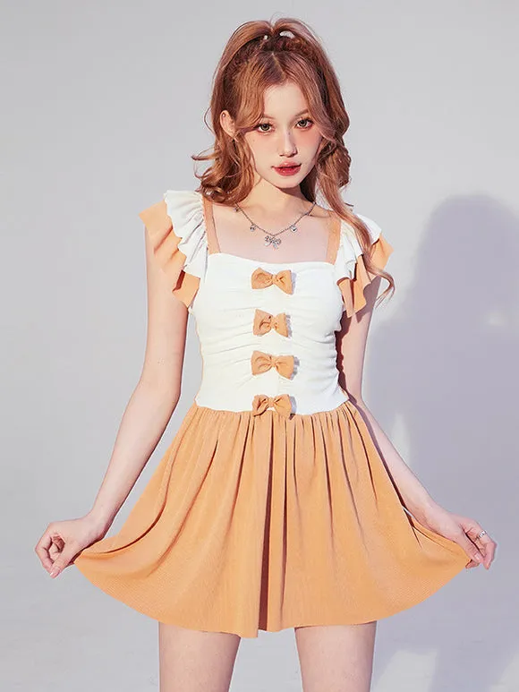 ROCOCO Style Lolita Swimsuits Orange Bows Ruffles Color Block Sleeveless Jumpsuit
