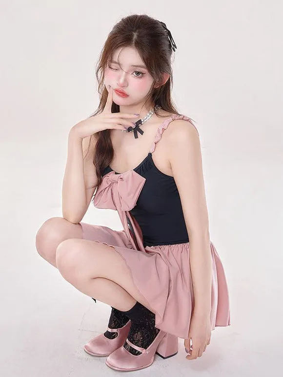 ROCOCO Style Lolita Swimsuits Pink Bows Pleated Sleeveless Jumpsuit