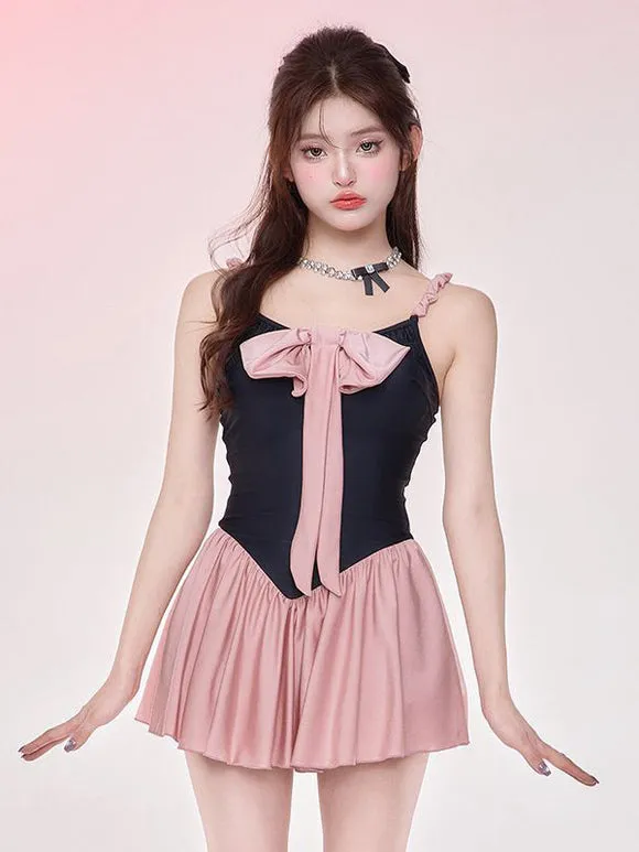 ROCOCO Style Lolita Swimsuits Pink Bows Pleated Sleeveless Jumpsuit