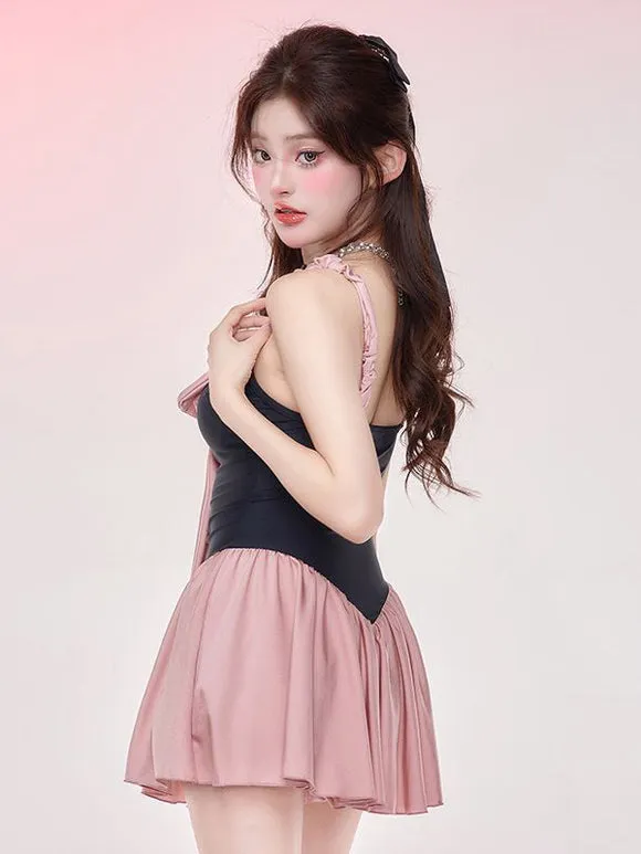 ROCOCO Style Lolita Swimsuits Pink Bows Pleated Sleeveless Jumpsuit