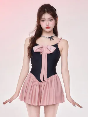 ROCOCO Style Lolita Swimsuits Pink Bows Pleated Sleeveless Jumpsuit