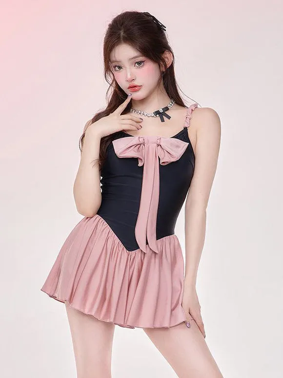 ROCOCO Style Lolita Swimsuits Pink Bows Pleated Sleeveless Jumpsuit