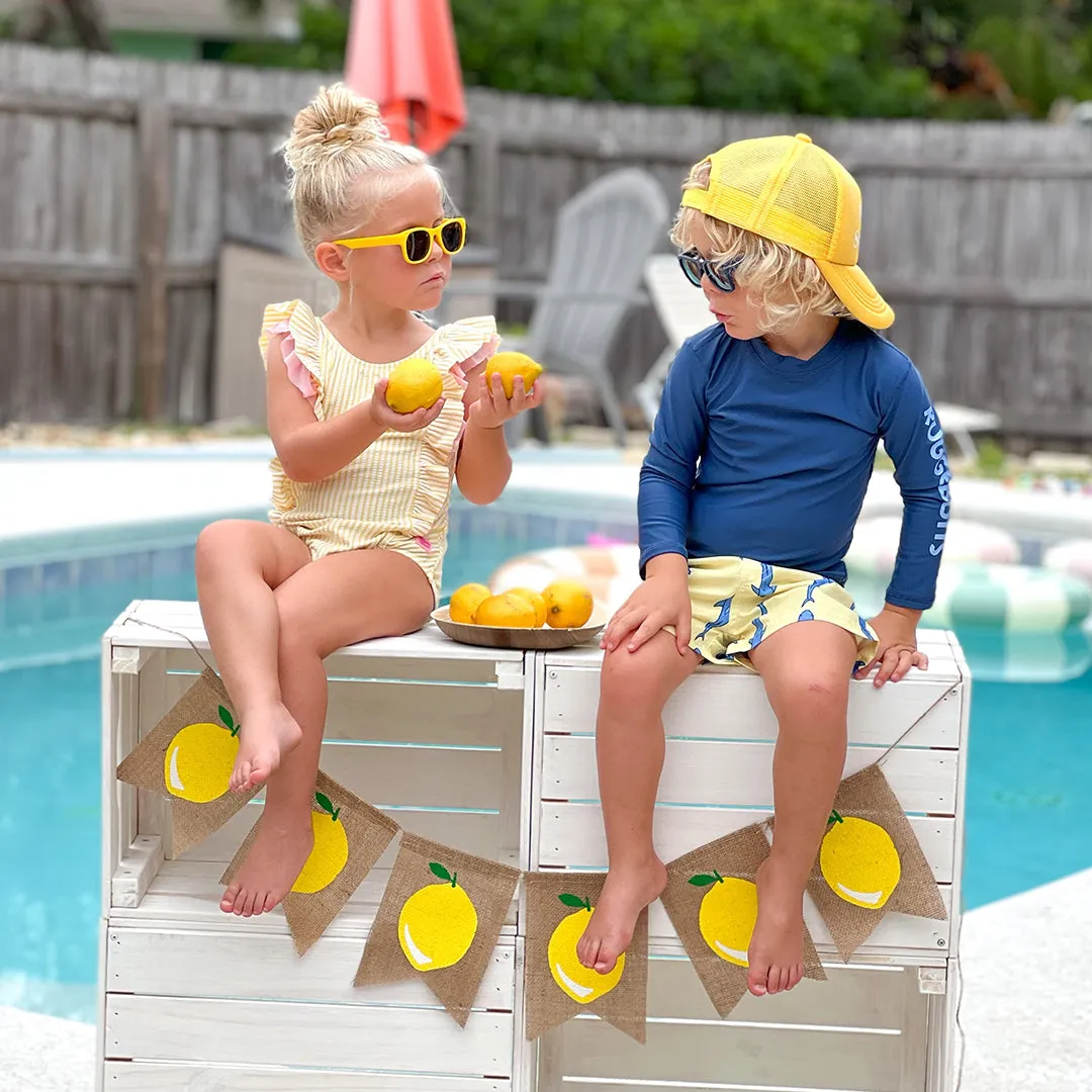 RuggedButts Toddler Jawsome Swim Trunks & Rash Guard with Roshambo Navy Sunglasses