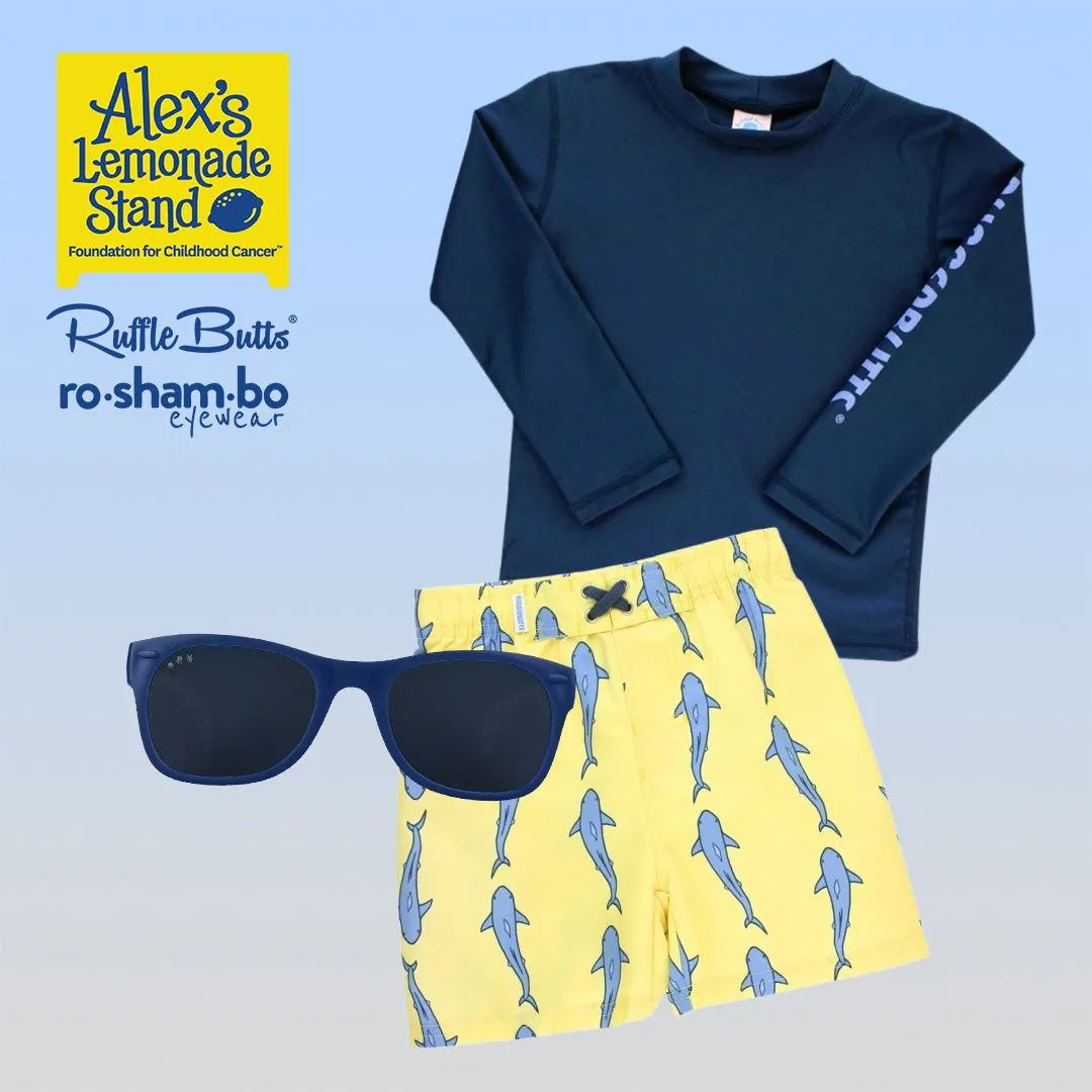 RuggedButts Toddler Jawsome Swim Trunks & Rash Guard with Roshambo Navy Sunglasses
