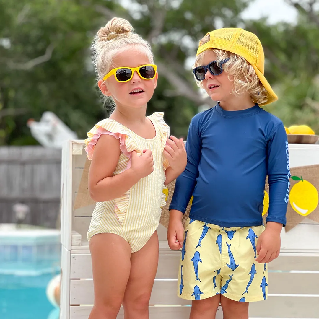 RuggedButts Toddler Jawsome Swim Trunks & Rash Guard with Roshambo Navy Sunglasses