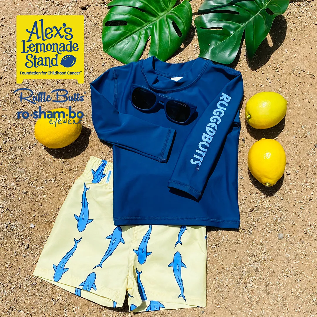 RuggedButts Toddler Jawsome Swim Trunks & Rash Guard with Roshambo Navy Sunglasses