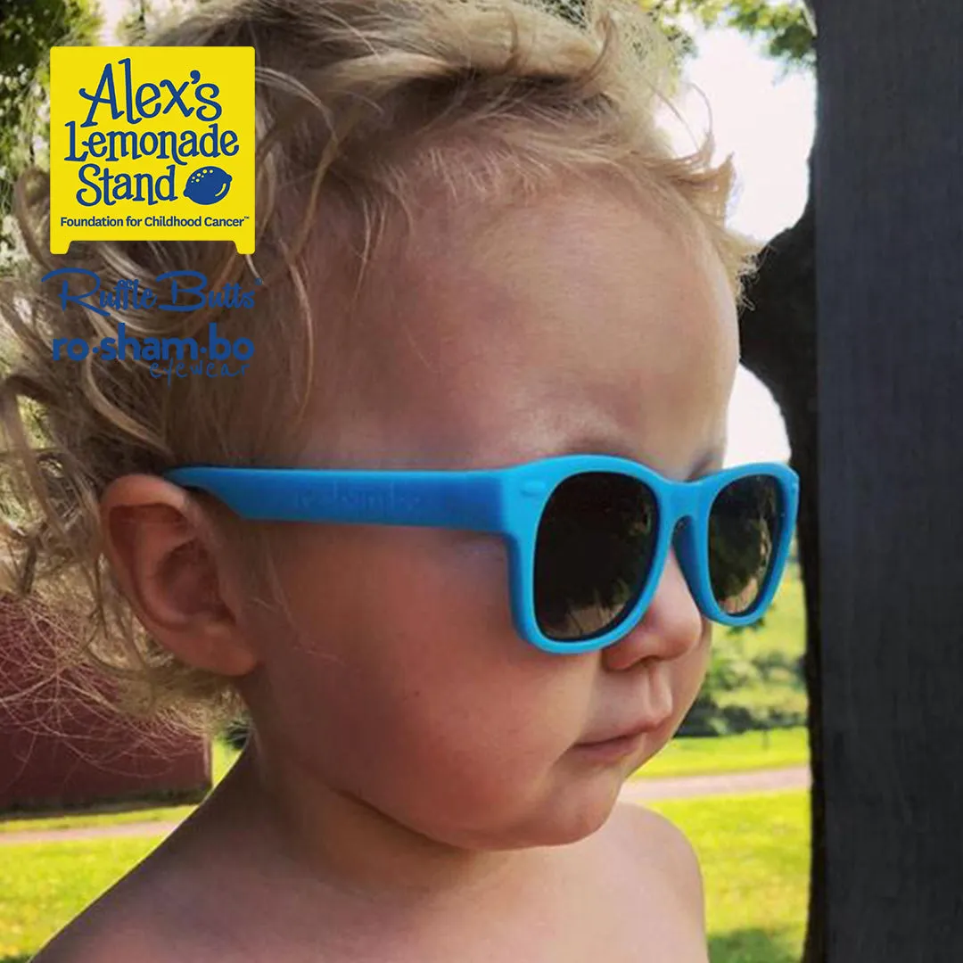 RuggedButts Toddler Rainbow Stripe Swim Trunks & Rash Guard with Roshambo Blue Sunglasses