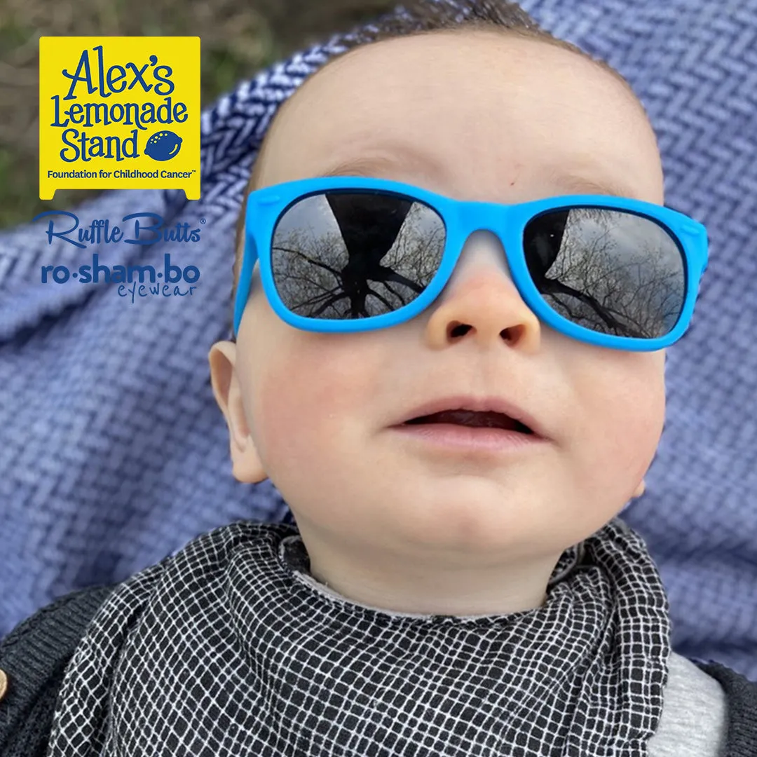 RuggedButts Toddler Rainbow Stripe Swim Trunks & Rash Guard with Roshambo Blue Sunglasses