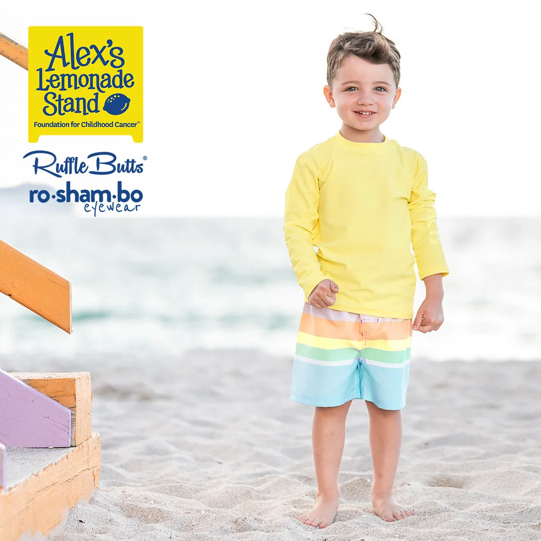 RuggedButts Toddler Rainbow Stripe Swim Trunks & Rash Guard with Roshambo Blue Sunglasses