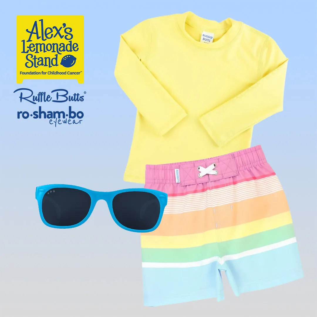 RuggedButts Toddler Rainbow Stripe Swim Trunks & Rash Guard with Roshambo Blue Sunglasses