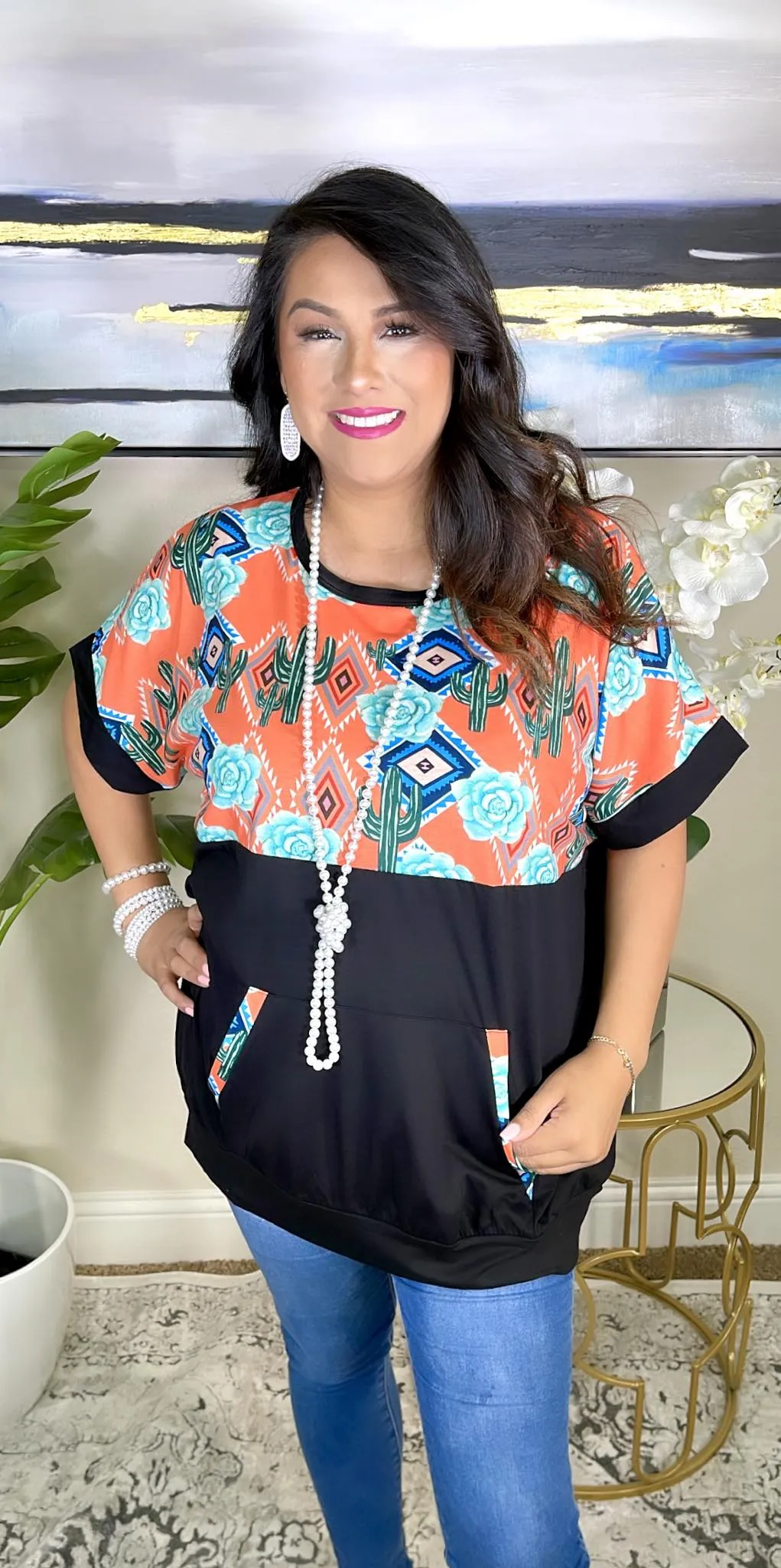 S, M, L, XL, 2X Orange, Cactus, Tribal print, front pocket pullover