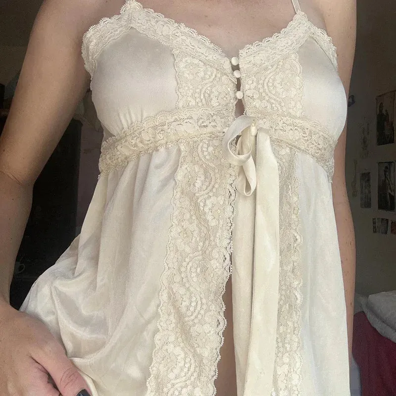 Satin Lace Patchwork Fairycore Front Tie-Up Button Coquette Sleeveless Crop Top