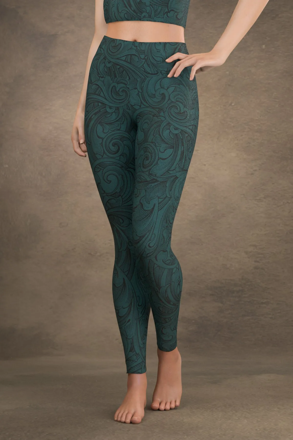 Scrollwork Yoga Leggings: Dark Teal Blue