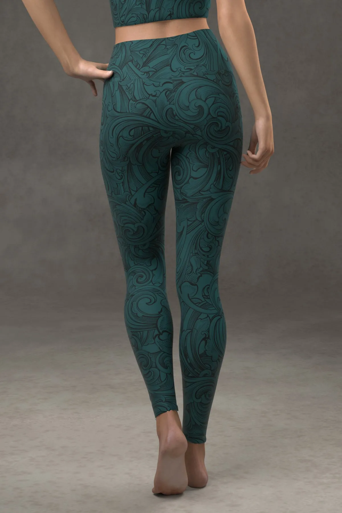 Scrollwork Yoga Leggings: Dark Teal Blue