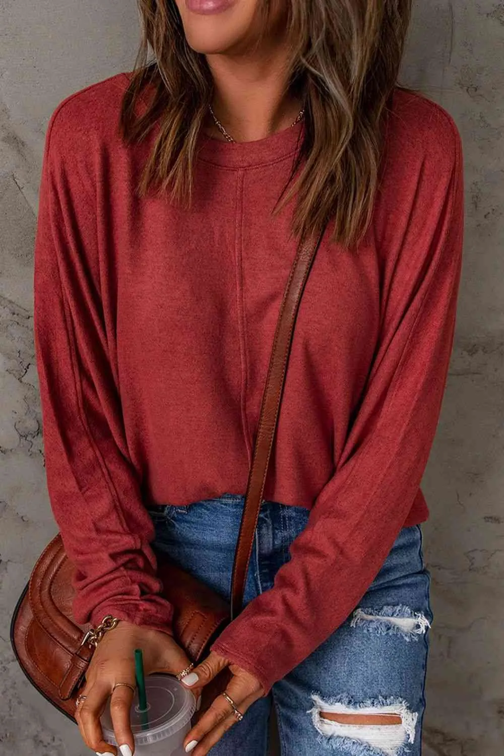 Seam Detail Round Neck Long Sleeve Top (5 Colors)