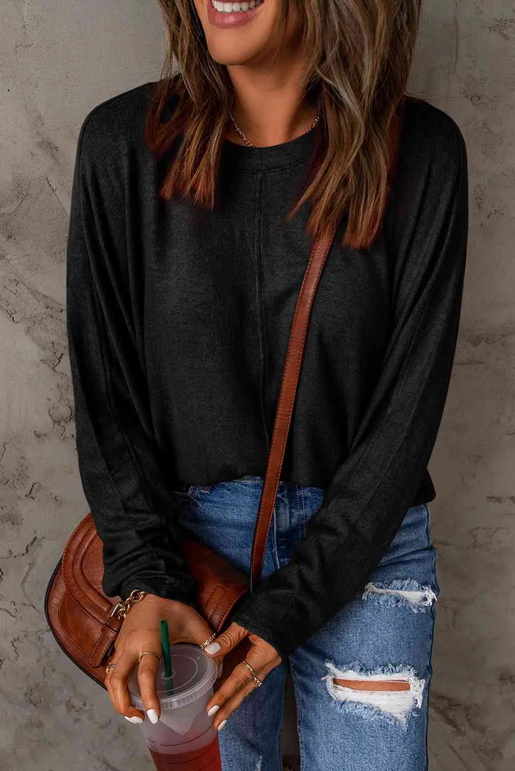 Seam Detail Round Neck Long Sleeve Top (5 Colors)