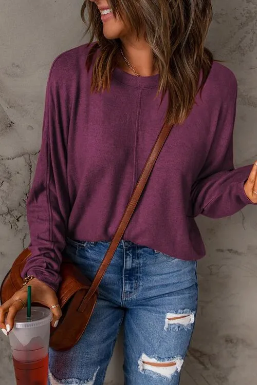 Seam Detail Round Neck Long Sleeve Top (5 Colors)