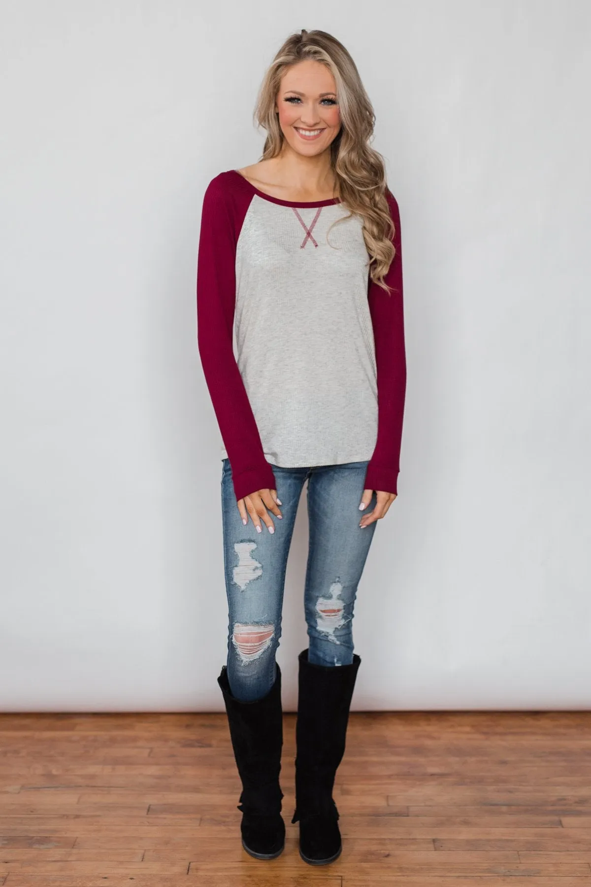 Season's Greetings Ribbed Top- Heather Grey & Maroon