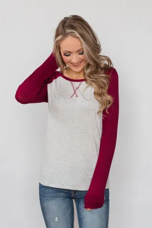Season's Greetings Ribbed Top- Heather Grey & Maroon