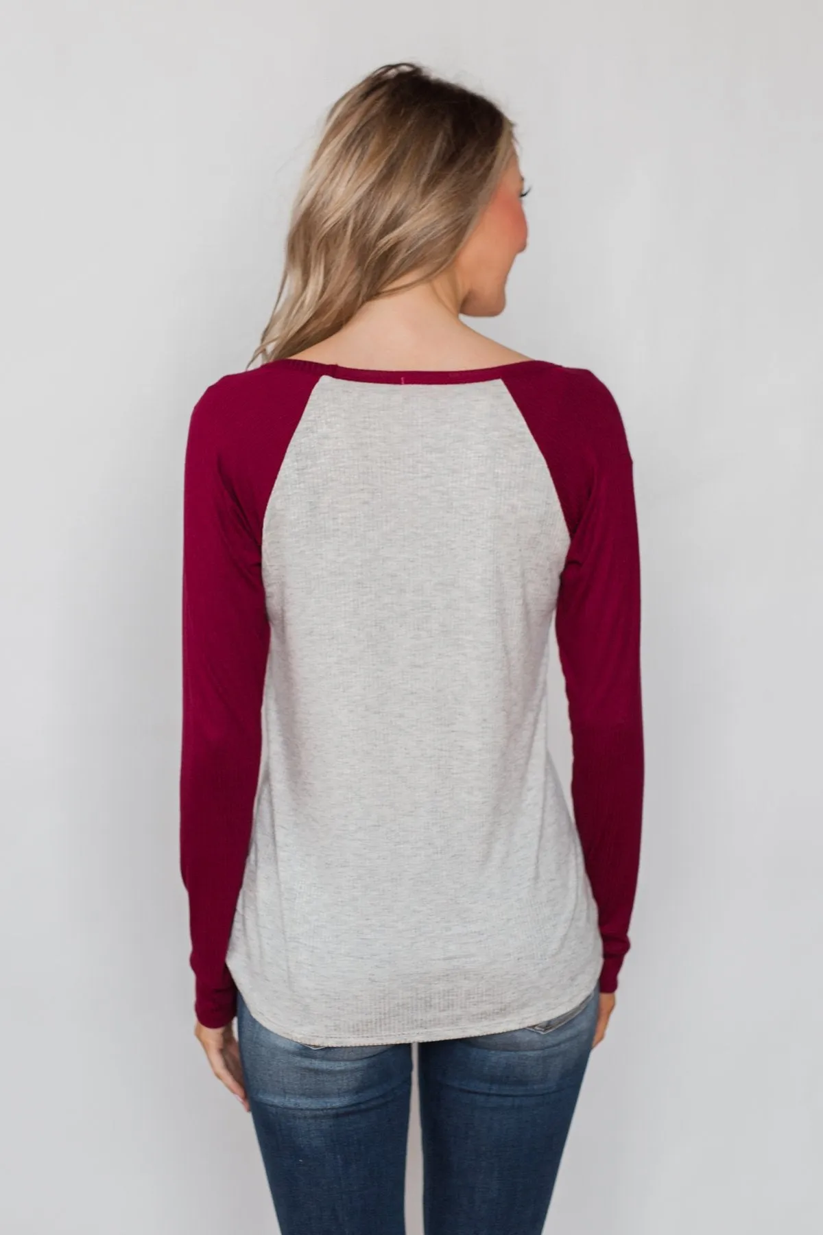 Season's Greetings Ribbed Top- Heather Grey & Maroon